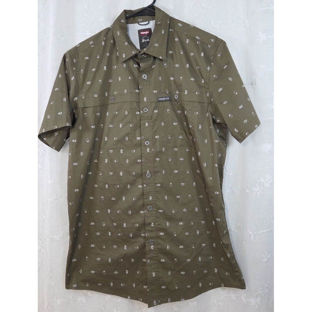 Wrangler Regular Fit Olive Green Button Short Sleeve Shirt Medium Camping Tent‎